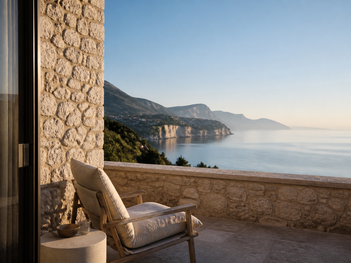 Terrace with a Corfu sea outlook, illustrative. Not a photograph of this property.
